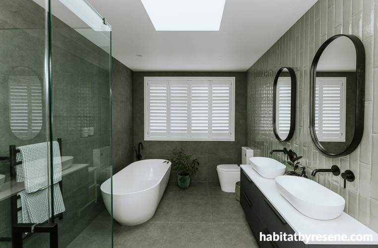 Bathroom, bathroom featuring grey tiles and Resene Quarter Albescent White