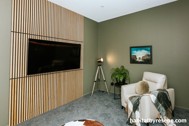 Media room, earthy green media room, media room featuring Resene Raptor