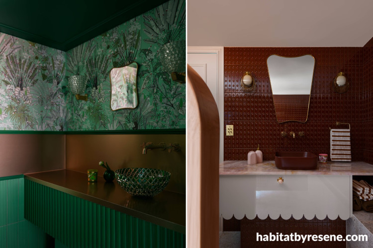Bathroom featuring ceiling and vanity in Resene Green Pea