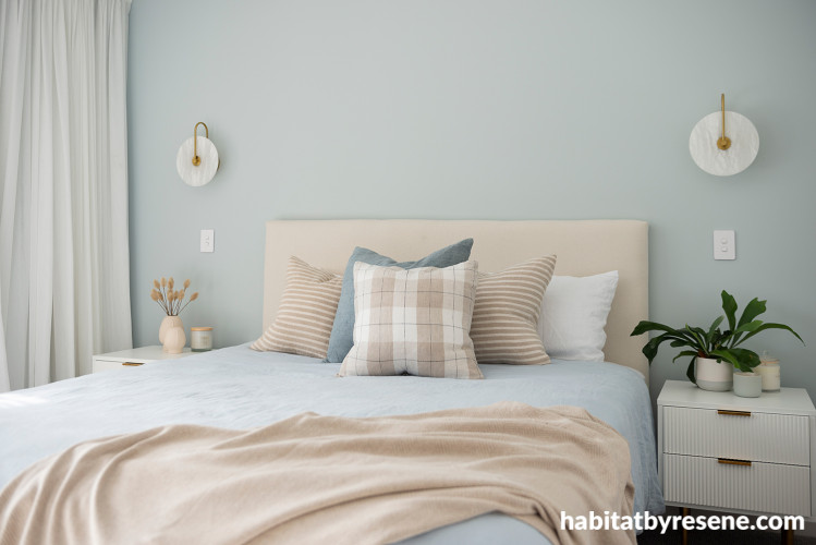 Bedroom featuring wall in Resene Half Duck Egg Blue