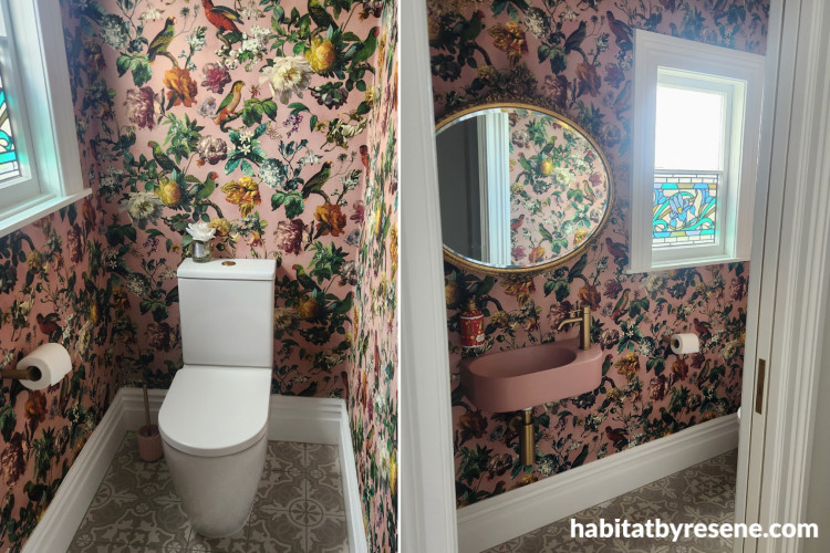 Bathroom featuring floral Resene wallpaper
