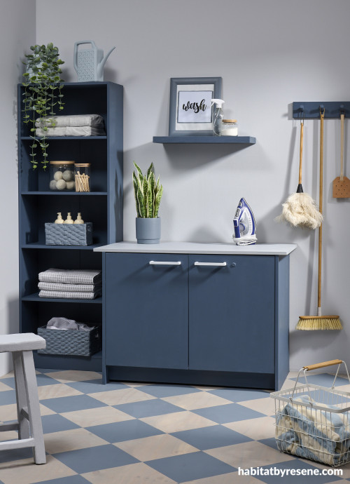 Tonal laundry uses soft greys and dark blue tones