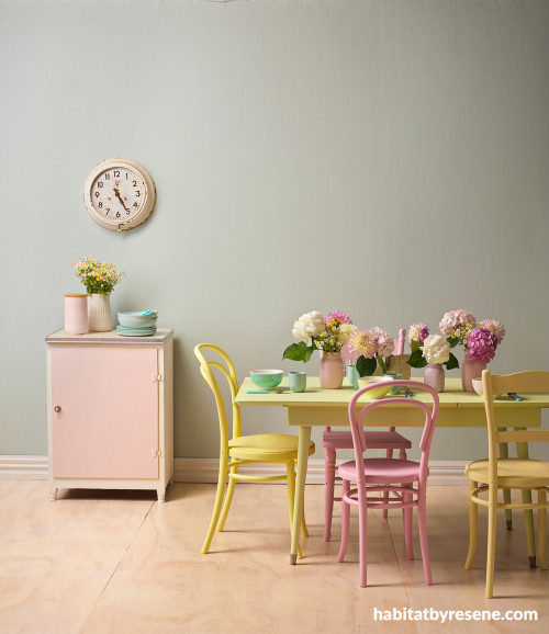 Vintage dining room painted in multiple Resene colours including Resene Nebula and Resene Geneva