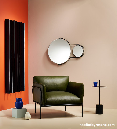 Living area painted in Resene Kamikaze, Resene Blue Night and Resene Just Right