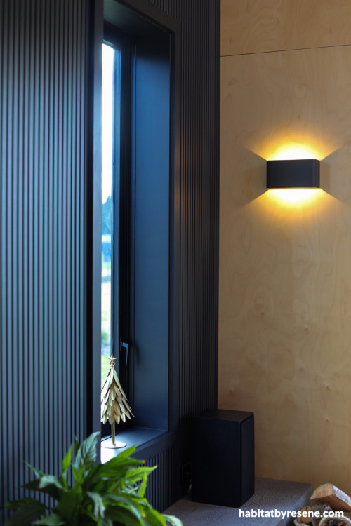 Living room featuring birchwood plywood walls and Resene Element