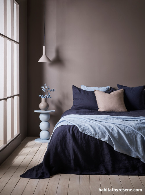 Bedroom with walls painted in Resene Oilskin