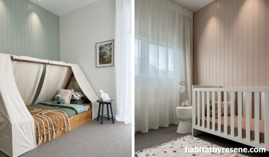 Kids bedroom, children's bedroom featuring Resene Half Washed Green