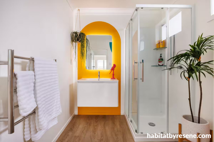Bathroom, neutral bathroom featuring Resene Half Bianca and Resene Fuel Yellow
