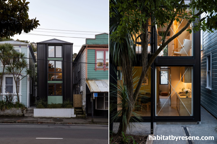 Exterior bay window and front door painted in Resene Lustacryl in the shade Resene Bach, with exterior posts and deck framing stained in Resene Woodsman Pitch Black.