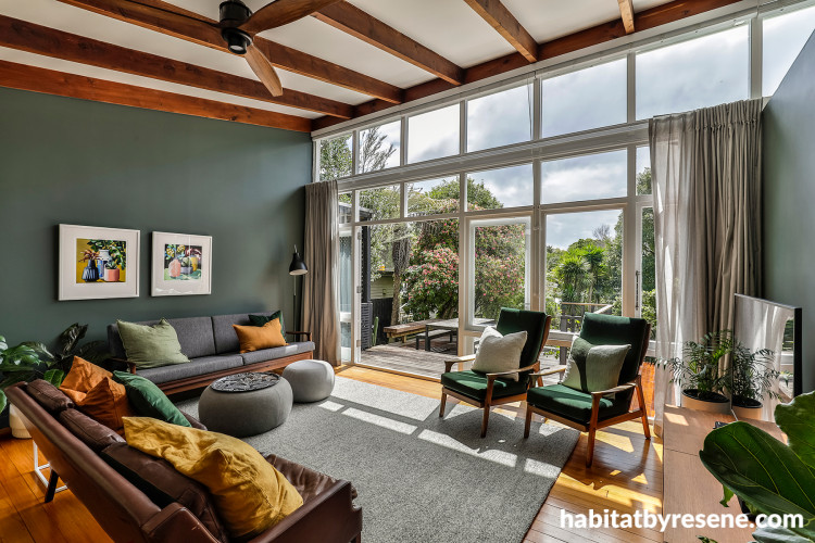 Living room, dark green living room, living room featuring Resene Jurassic