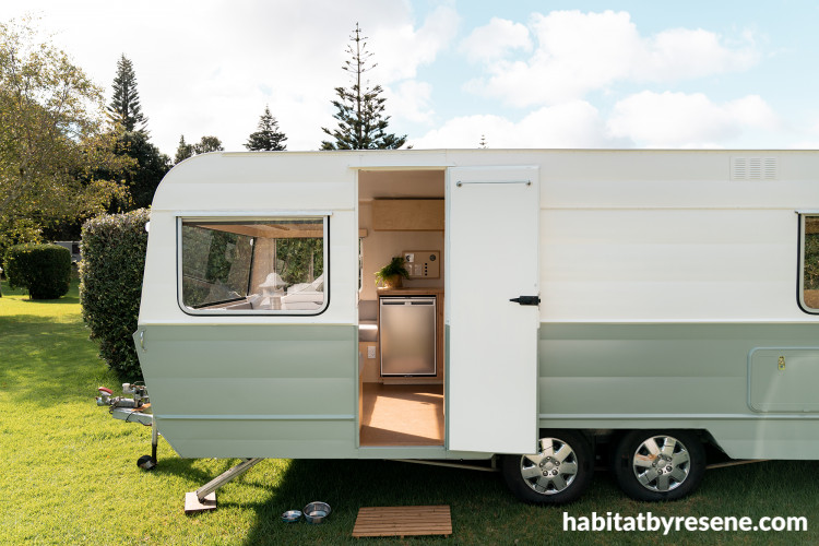 Caravan, green and white caravan, caravan featuring Resene Half Orchid and Resene Spanish Green