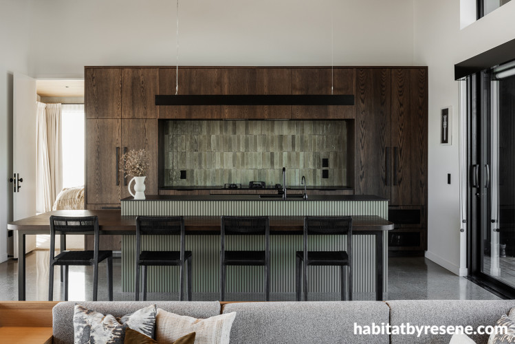 Kitchen featuring kitchen island with panels painted in Resene Double Stonewall