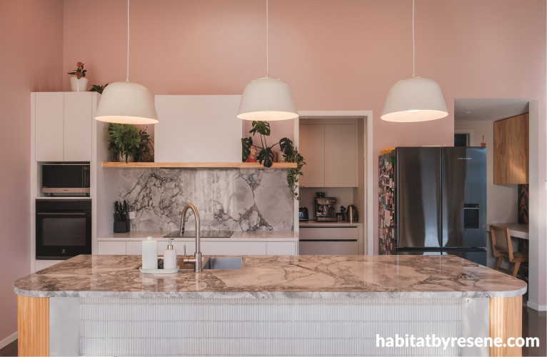 Blush-toned kitchen featuring Resene Soothe