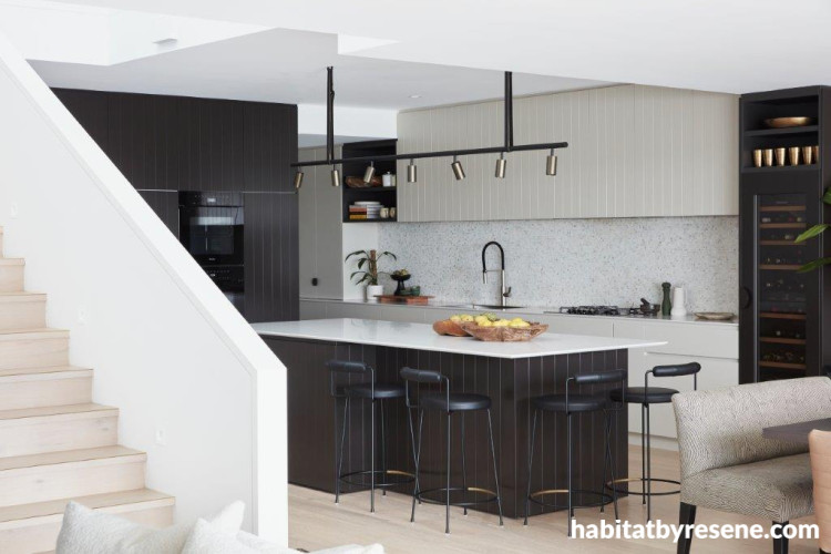 Black and white kitchen featuring Resene Double Ironsand and Resene Double Thorndon Cream