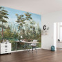 Home office featuring nature-inspired mural style wallpaper