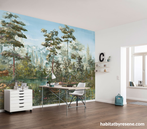 Home office featuring nature-inspired mural style wallpaper