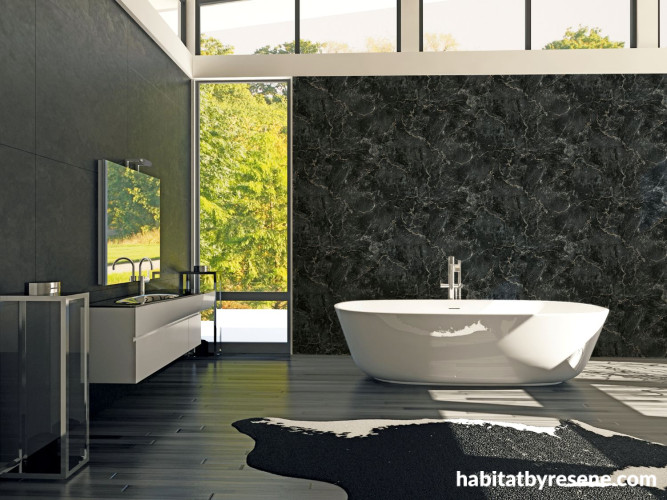 Bathroom featuring statement wallpaper