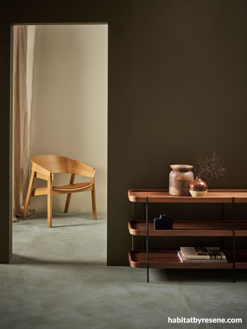 Living space and bedroom featuring deep green Resene Rewilding