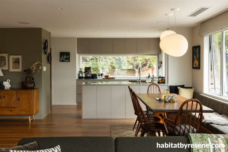 Kitchen and dining area painted in Resene Half Tea