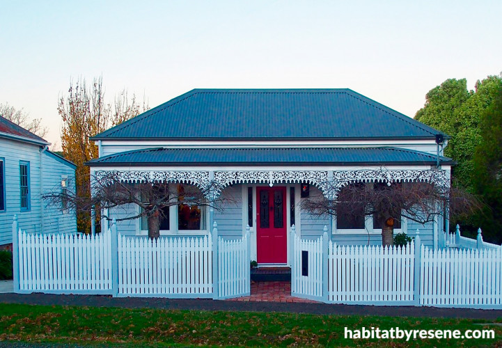 blue house exterior red door