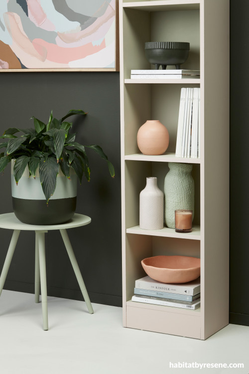 pastel green bookshelf