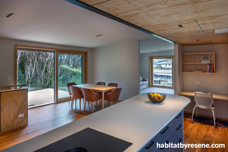 Open-plan kitchen, open-plan kitchen and dining area featuring Resene Double Merino