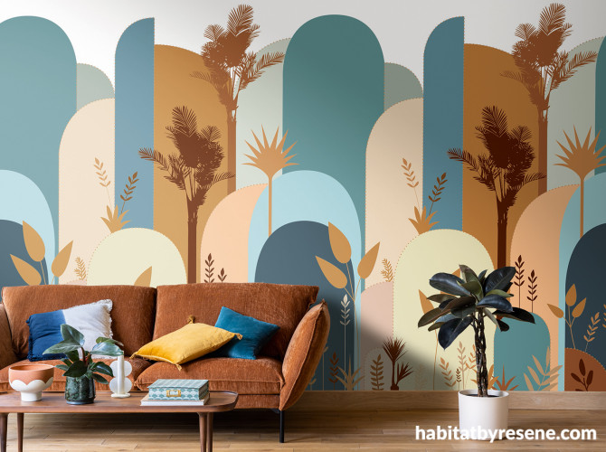 Lounge featuring a Resene Wallpaper mural