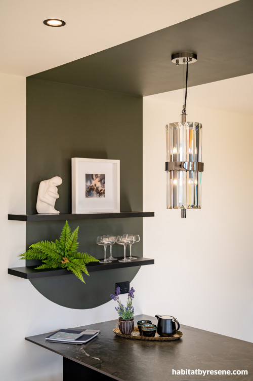 Kitchen painted in Resene Half Karaka and Resene Half Merino