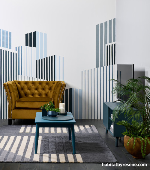 Living room featuring a cityscape mural painted in multiple Resene colours