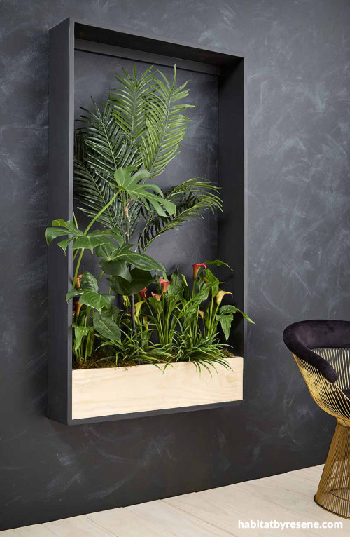 Living room featuring living artwork painted in Resene Element with Resene FX Paint Effects Medium and Resene Chicago