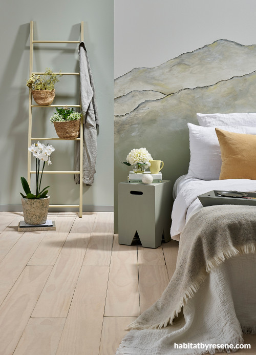Bedroom featuring nature-inspired mural painted in multiple Resene colours