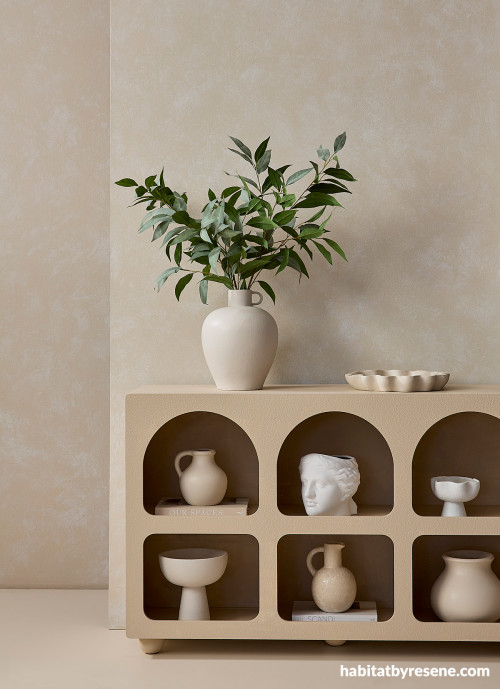 Hallway cabinet featuring Resene Biscotti and Resene Double Biscotti