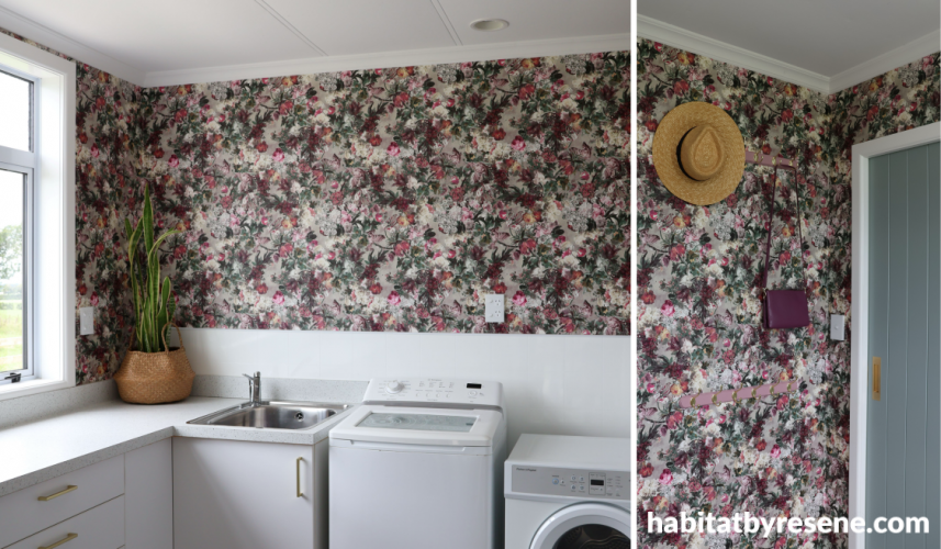 Laundry, laundry featuring floral wallpaper, laundry featuring Resene floral wallpaper