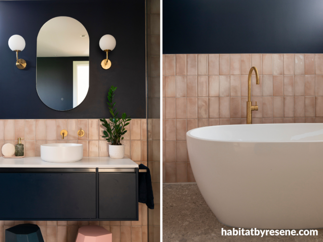 Kids bathroom, bathroom featuring Resene Indian Ink, dark blue bathroom