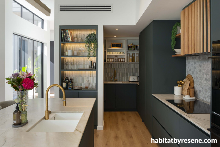 Kitchen, kitchen featuring dark green cabinetry and wooden floors