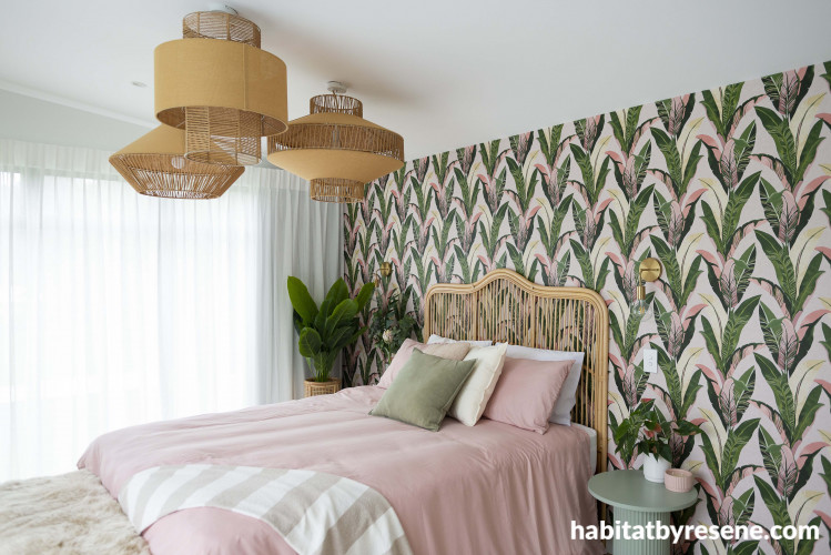 Bedroom, guest bedroom, bedroom featuring wallpaper, tropical wallpaper