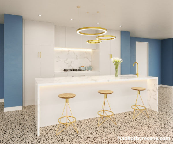 Kitchen, blue and white kitchen, kitchen featuring Resene Blue Jeans