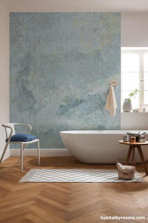 Bathroom featuring blue Resene wallpaper