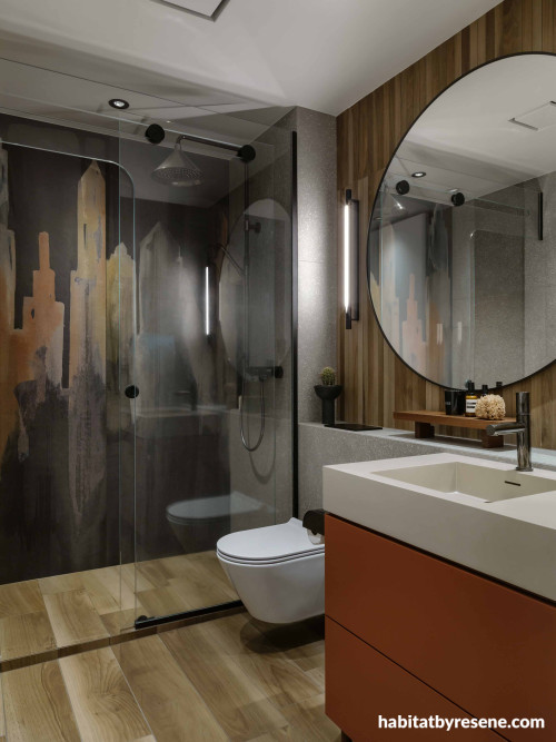 Bathroom featuring vanity in Resene Prairie Sand and ceiling in White