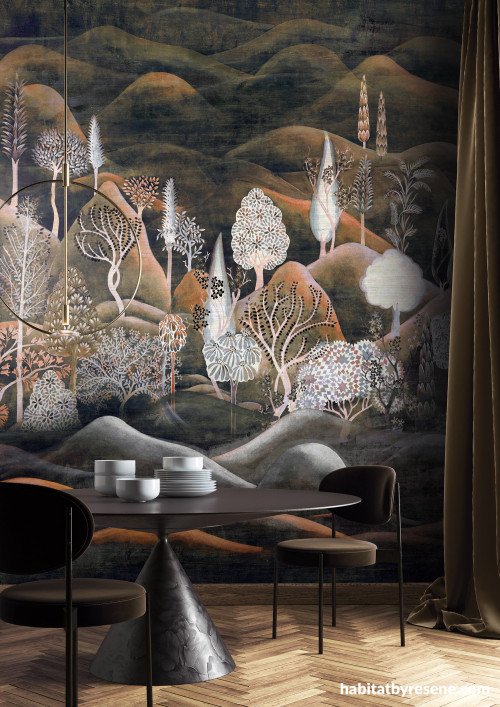 Living area featuring bold abstract Resene wallpaper