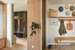 An entryway with hooks, hats and a bench seat