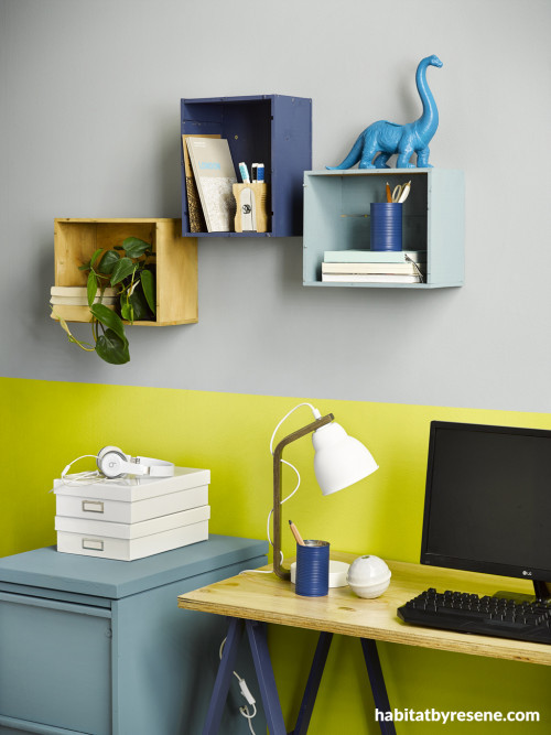 Teen Study, Crate Shelves, Grey and Yellow, Resene, Upcycling