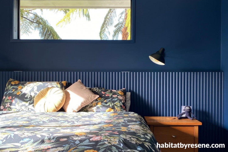Bedroom, bold blue bedroom, blue bedroom, bedroom featuring Resene Bunting