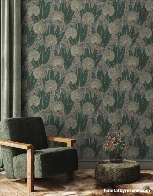 Reading nook, reading nook featuring patterned wallpaper, reading nooking featuring dramatic wallpaper