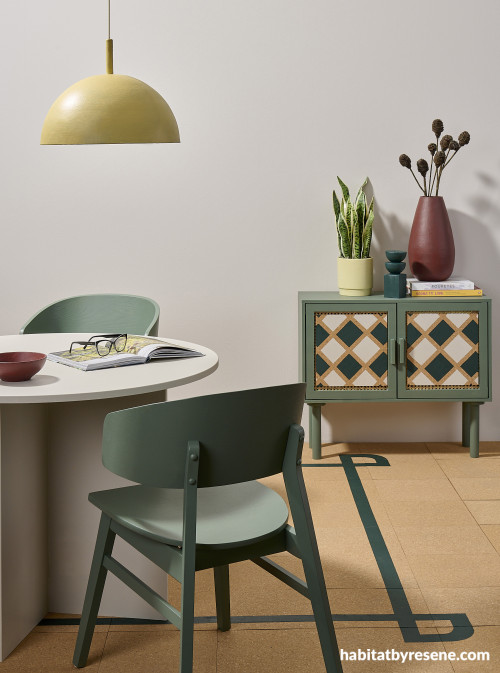 Green and neutral dining room, green and white dining room