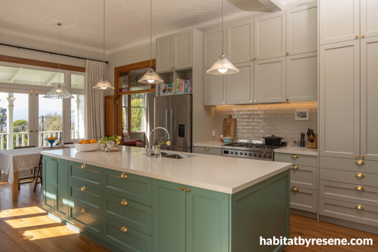 kitchen; green and white kitchen