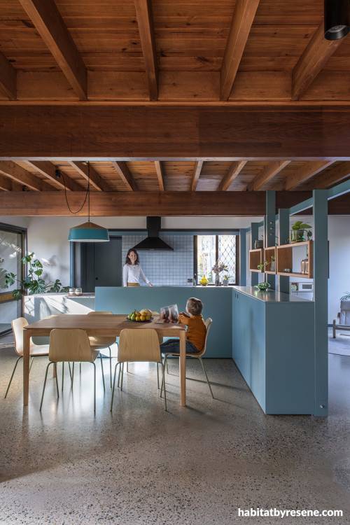 Kitchen in Resene Bismark & Resene Triple Rice Cake