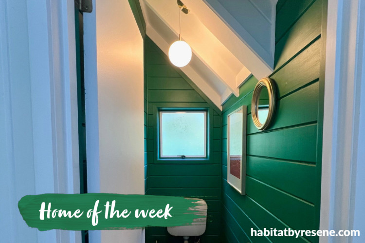 Once dark and dim, the toilet is now modern and bright, painted in Resene Fun Green with Resene Quarter Rice Cake on doors and Resene Ceiling Paint White on the ceiling