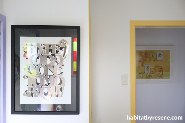 Resene Cream Can, adorns door and bathroom trims, complementing the smoky lilac of Resene Heartbreaker and Resene Alabaster on walls