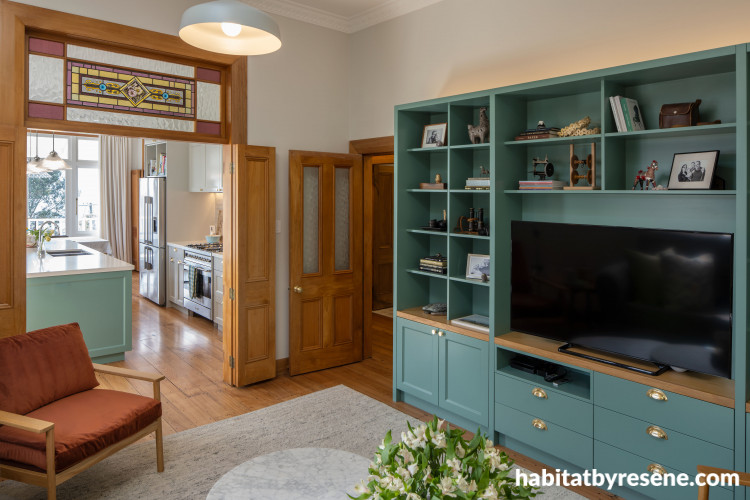 Living room, blue green living room, green living room